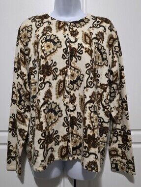 Vtg Parisian Works Womens Brown Cream Soft Knit Floral Paisley Button Cardigan L